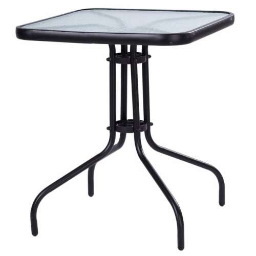 ModernHome 60cm square glass garden table with black metal frame, perfect for small patios or balconies