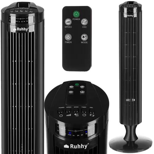 Ruhhy oszlopventilátor kollázs: teljes nézet, vezérlőpanel és távirányító