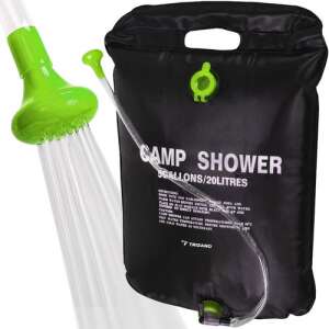 Trizand 20L solar powered camping shower, black bag with green shower head and hose - Trizand