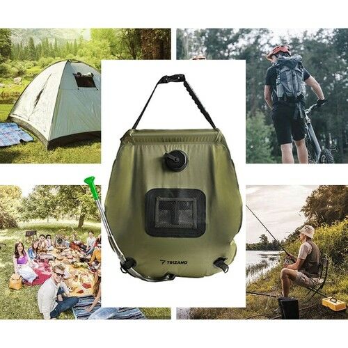 Trizand solar shower collage: camping, hiking, picnic, fishing