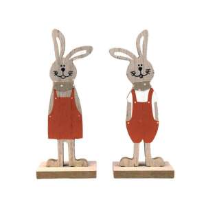 Set de două decorațiuni de iepurași de Paște din lemn, înălțime de 17 cm, un iepuraș băiat în salopetă și un iepuraș fată în rochie, perfect pentru decorarea casei de primăvară - Decorațiuni de Paște