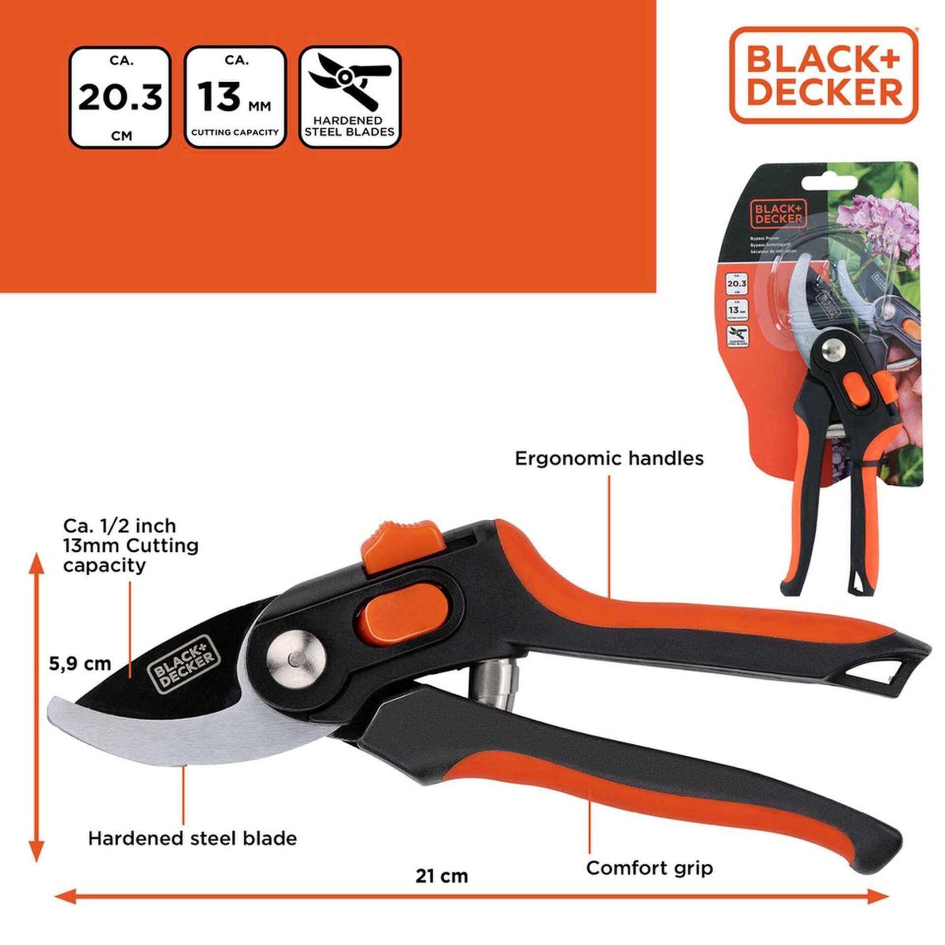 BLACK+DECKER Metszőolló, mellévágó 20,3cm edzett acél pengével