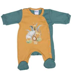 Sárga baba rugdalózó szafari állatmintával, hosszú ujjú, patentos, zöld szegéllyel - Asti