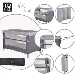 Moni Next Level multifunkciós utazóágy, szürke, leengedett oldallal, bemutatva a kiságy jellemzőit és méreteit - Utazóágy és Kiegészítői