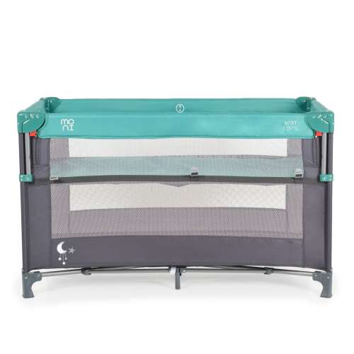 Moni Next Level utazóágy, türkiz, elülső nézet, babaágy, utazóágy oldalsó nyílással, babaöböl, utazóágy állítható magassággal, utazóágy hordtáskával