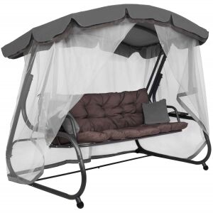 Garden swing bed (with sofa function) with mosquito net, steel mesh, 3 persons, brown and grey