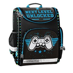 Paso Unlocked gamer ergonomikus iskolatáska fiúknak, fekete kék konzol mintával - Paso