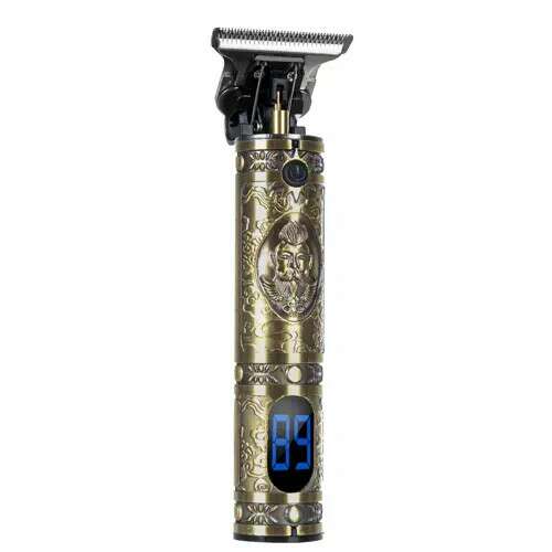 Soulima beard and hair trimmer 19590, gold color with blue LCD display showing battery level