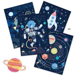 Djeco Cosmic Mission Carduri de zgâriere, 4 pachete, carduri de zgâriere cu tematică spațială pentru copii - Seturi de artă și artizanat