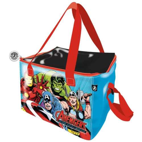 Avengers Mightiest cooler bag, blue with red handles, featuring Iron Man, Hulk, Captain America, and Thor
