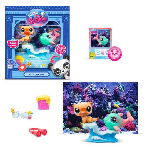 Littlest Pet Shop Petfluencers seria 1, zestaw do podwodnej przygody z figurkami delfina i wydry, akcesoriami i tłem