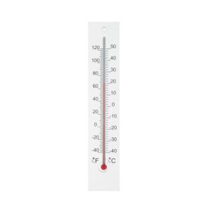 Plexiglass thermometer with Celsius and Fahrenheit scales on a white background. - Room Thermometer