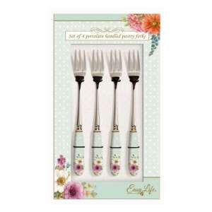 Easy Life rozsdamentes süteményes villaszett 4 db-os, porcelánnyéllel, Cottage Flowers mintával - Villa