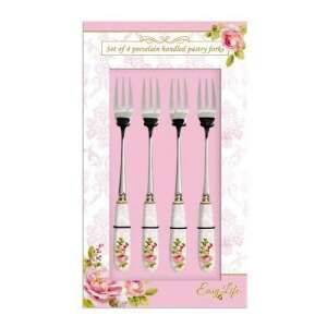 Easy Life Floral Damask 4 darabos rozsdamentes süteményes villaszett porcelán nyéllel - Villa