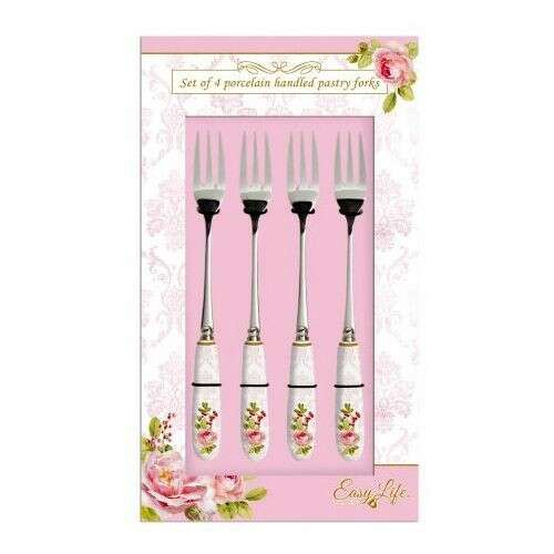 Easy Life Floral Damask 4 darabos rozsdamentes süteményes villaszett porcelán nyéllel