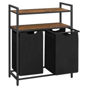 Rustikálny hnedý kôš na špinavé prádlo s dvoma vyberateľnými čiernymi textilnými vreckami a dvoma policami - Nádoby na špinavú bielizeň