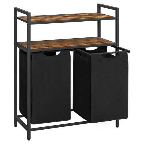 Rustikálny hnedý kôš na špinavé prádlo s dvoma vyberateľnými čiernymi textilnými vreckami a dvoma policami