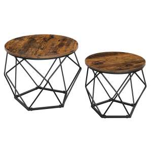 Set de 2 mese rotunde cu cadru geometric din metal negru și blat rustic maro - VASAGLE Mese de cafea