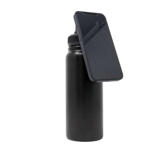 Black MagSafe compatible water bottle with phone attached
