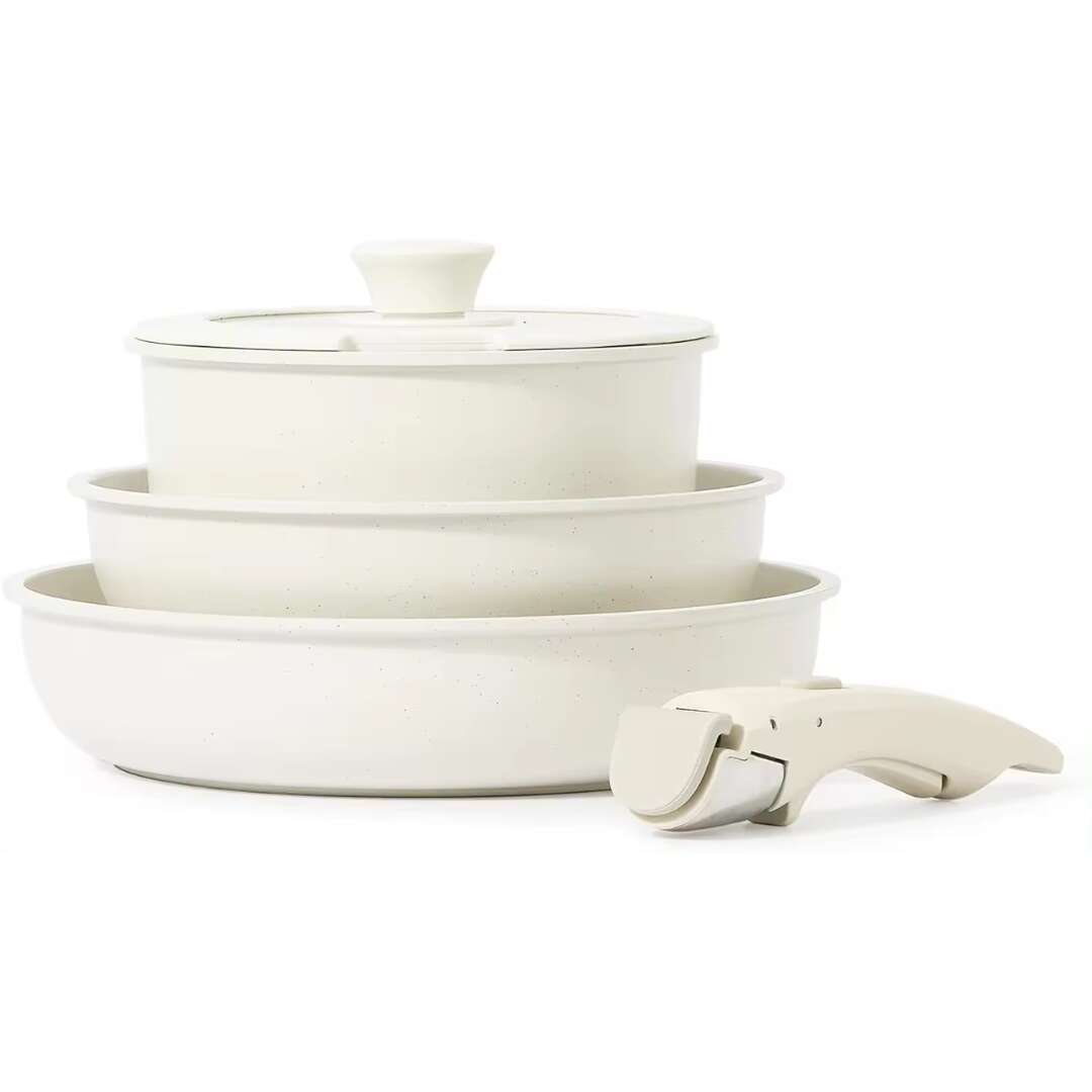 5 db-os edény és serpenyő készlet főzéshez, tapadásmentes, hőálló, levehető fogantyú, méretek 18/20/26 cm, főzőlaphoz, sütőhöz és gáztűzhelyekhez