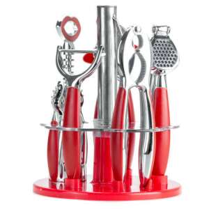 Bachmayer Home 6 részes konyhai eszköz készlet piros színben, BM-2601, tartalmaz dióvágót, dugóhúzót, konzervnyitót, fokhagymanyomót, hámozót és tároló állványt - Bachmayer