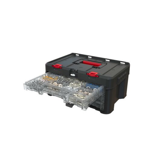 Keter Stack'N'Roll Cutie de scule cu compartimente multiple cu sertar deschis și feronerie