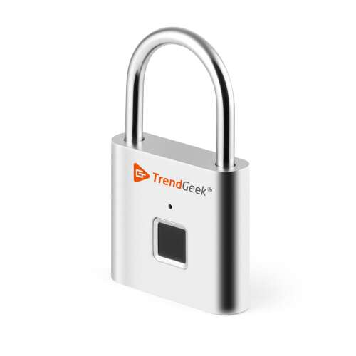 TrendGeek Fingerprint Padlock TG-131, silver padlock with fingerprint sensor, angled view