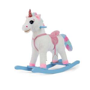 Cal de rocking Milly Mally Unicorn, cal de rocking din plus alb cu bază din lemn albastru, șa roz și etrieri, corn și coamă de unicorn - Balansoare pentru copii