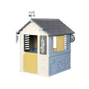 Smoby 4 Pory Roku Domek do Zabawy, niebieski i biały plastikowy domek do zabawy z żółtymi drzwiami, stacją pogodową i wiatrowskazem - Smoby Playhouse