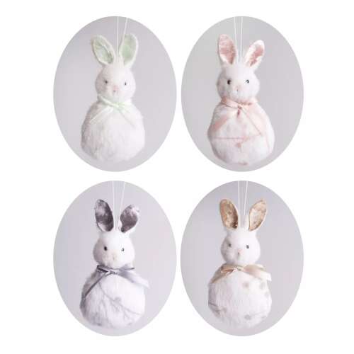 Set de 4 decorațiuni de iepurași de pluș, fiecare cu o fundă de o culoare diferită, perfecte pentru decorul de Paște sau de primăvară