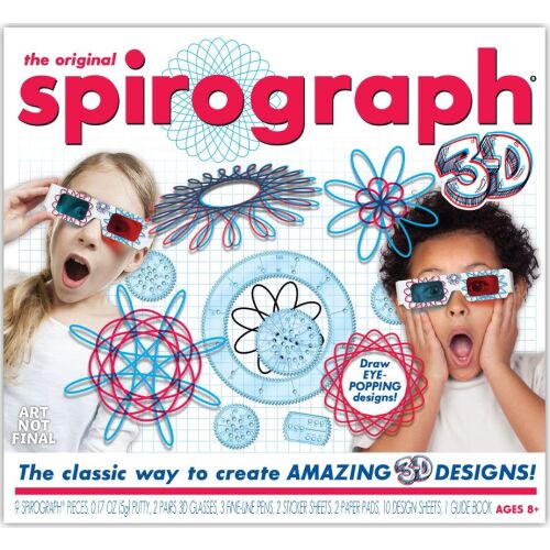 Ambalajul original al setului Spirograph 3D cu copii purtând ochelari 3D și exemple de modele Spirograph.