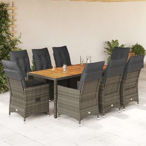 vidaXL 9 részes szürke polyrattan kerti étkezőgarnitúra párnával, kültéri bútor szett 8 főre, akácfa asztal, időjárásálló, kényelmes - Kerti étkezőgarnitúra