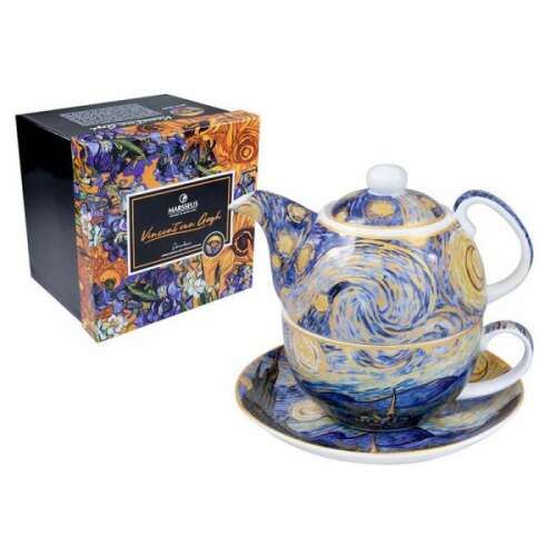MARSSEUS Van Gogh Csillagos éj porcelán teás szett, 1 személyes, ajándékdobozos, teáskanna, csésze, csészealj