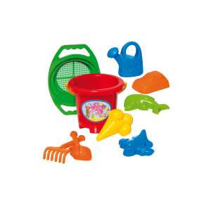 9 részes homokozó szett gyerekeknek, piros vödörrel és polip mintával, tartalmaz vödröt, lapátot, gereblyét, szitát, locsolókannát és formákat - Homokozó játék