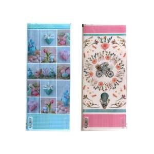 Zwei Oster-Geschenkbeutel mit unterschiedlichen Designs, einer mit einer Collage aus Ostereiern, Hasen und Küken, der andere mit einem Blumendesign und einem Hasen auf einem Fahrrad - Geschenkverpackungen