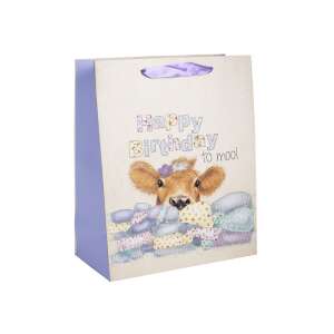 Честит Рожден Ден! Подаръчна торбичка с крава и лилава панделка - Nonbrand Подаръчни торбички