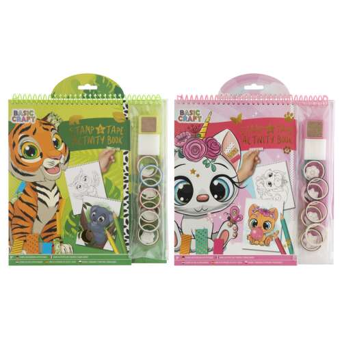 Basic Craft Książka z naklejkami i stemplami, 2 różne wzory, tygrys i jednorożec, dla dzieci, kreatywna zabawa