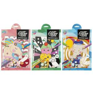 Moxy Hârtie cu Sclipici de Colorat, 6 foi, format A4, cu 3 modele diferite, cu unicorn, înghețată și elefant, ambalaj colaj - Grafix
