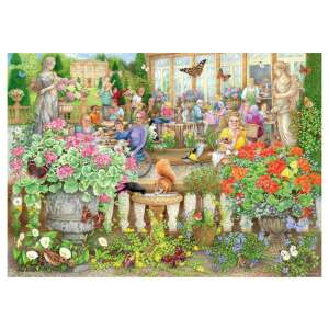 A narancsliget, egy 1000 darabos kirakós játék a Ravensburgertől, egy részletes kerti jelenettel, ahol az emberek teáznak és süteményeket esznek - Ravensburger Puzzle