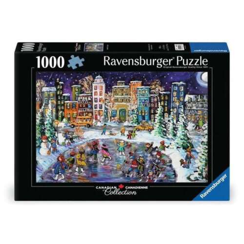 Puzzle Ravensburger 1000 elementów, Kanadyjskie Światła, przedstawia zimową scenę z ludźmi jeżdżącymi na łyżwach przed kolorowymi budynkami