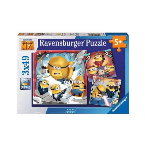 Puzzle Ravensburger 3x49 piese, Minions 4, Despicable Me 4, 5+ ani, puzzle pentru copii, personaje de desene animate, activitate distractivă