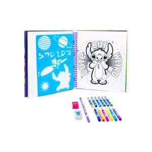 Disney Stitch Aktivitná kniha so šabónami, otvorená kniha, zobrazujúca strany na farbenie a šabóny, obsahuje pastelky, fixky, ceruzku, strúhadlo a gumu - Brožúry s aktivitami, maľovánky