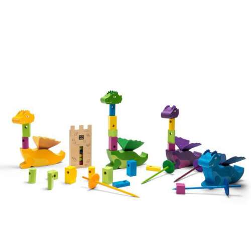Build Dragons wooden construction toy set for kids, featuring colorful dragons and a tower