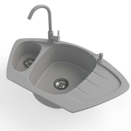 NERO Compact gránit mosogató két medencével, csapteleppel és szappanadagolóval