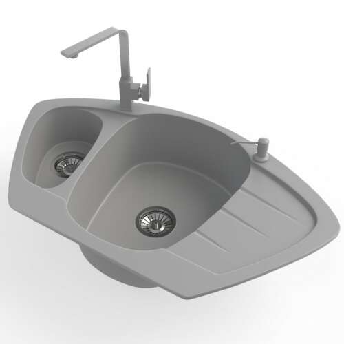 NERO Compact sarok gránit mosogató két medencével, csapteleppel és mosogatószer adagolóval