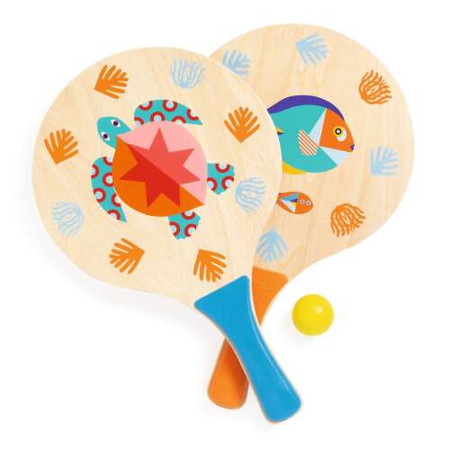 Djeco Beach Rackets Set - Sea, wooden rackets with colorful fish and turtle designs, includes a ball