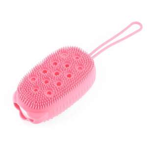 Pink silicone bath sponge with a handle, for deep cleaning and massage - Bath Sponge, Washcloth, Glove