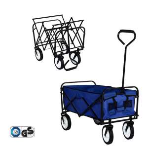 Zusammenklappbarer Gartenwagen, blau, schwarzer Rahmen, 4 Räder, gefaltet und ausgeklappt - Gartenbau