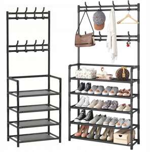 Stojan na oblečenie a topánky s háčikmi, čierny kovový rám, päť políc - Botníky