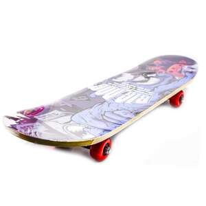 Skateboard with a purple and blue design featuring a hand reaching out from a city skyline - Skateboarding